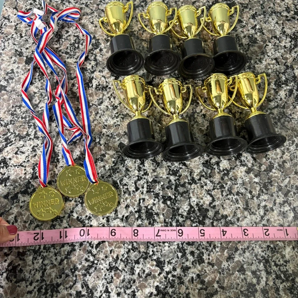 Gold Plastic Trophies and Winner Medals Set Party Favors Rewards 11 Piece Lot